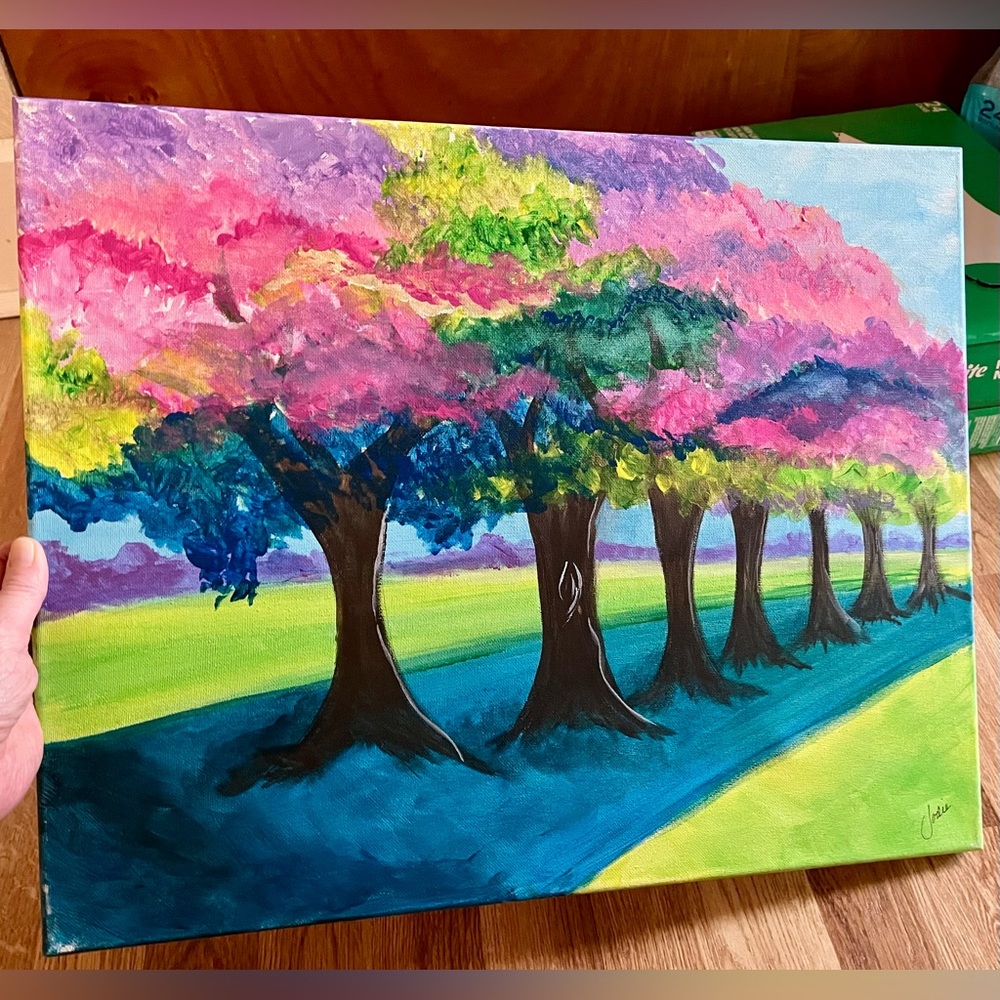 Original Signed Acrylic Landscape Painting – Colorful Spring Blossom Trees